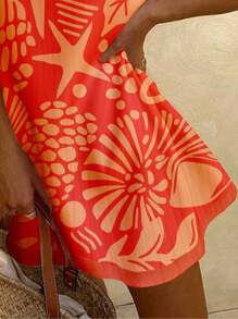 SHEIN EZwear 女士休闲度假撞色边无袖短裙，适合夏季度假，树叶印花，热带印花，星星印花 - 彩色 - 查看 7