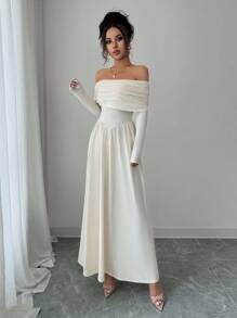 Elenzga Vestido largo de mujer elegante de un solo color con hombros descubiertos - Albaricoque - Ver 6