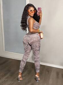 BamGleam 2件套女士时尚性感龙纹印花透明紧身衣（含紧身裤）