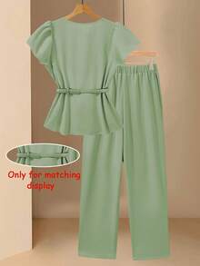 GlowEve Women's Solid Color V-Neck Cap Sleeve Shirt And Pants Elegant Suit - Green - View 2