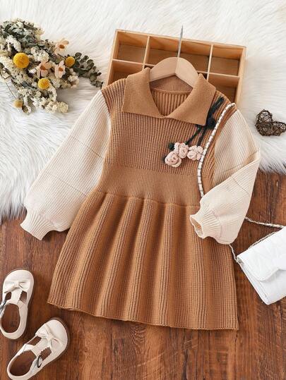 SHEIN 女宝宝秋季新款针织连衣裙，厚针织翻领灯笼袖针织连衣裙，手工3D钩针装饰撞色拼布连衣裙，适合旅行、度假、郊游、居家