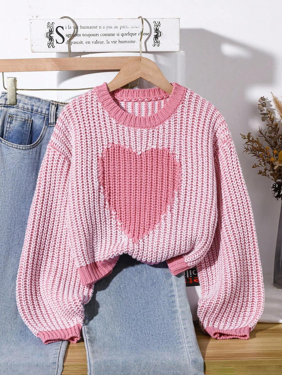 SHEIN 新款时尚百搭可爱爱心图案圆领毛衣,适合少女穿着,爱心图案可爱毛衣 - 粉色 - 查看 1
