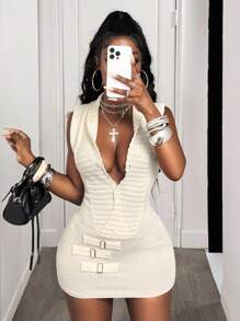 BamGleam 女士针织白色V领长袖罗纹迷你连衣裙，配方形金属纽扣