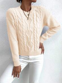 Chiquease Suéter de punto de cable con hombros caídos, parte superior de manga larga de punto, suéter de punto de otoño e invierno - Beis - Ver 6