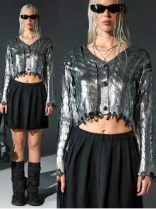 CasuGlow Women Foil Print Cable Knit Silver Knit Cardigan Button Front 2000s Style Y2k Clothes Silver Metallic Top - Silver - View 2