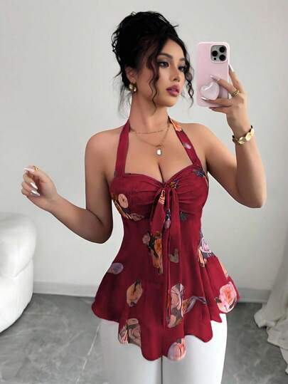 Elenzga Top de mujer de tirantes finos, espalda descubierta y estampado, veraniego, relajado y sexy