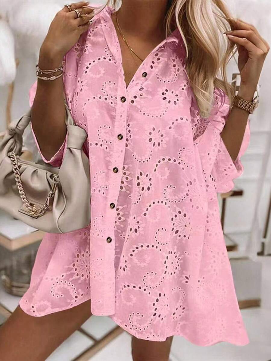 SHEIN VCAY Women's Laser-Cut Embroidered Lantern Sleeve Single-Breasted Casual Blouse - Pink - View 1