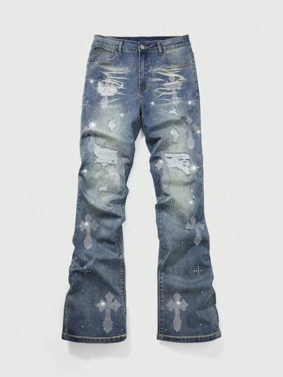 Goth Men's Fashion Casual Street Rhinestone Cross Ripped Flare Jeans