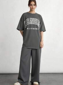 SHEIN Teen Girls Letter Embossed Grey Pants & Short Sleeve 2-Piece Set, Casual, Comfortable, Fashionable, Versatile, Soft Fabric, Suitable For Daily Wear, School, Outings, Outdoor Activities Teen T Shirt And Pants Teen Girl Lounge Wear Teen Two Piece Set Teen Sweat Pants Set - Grey - View 1