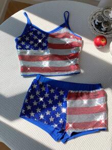 Comfortcana Damski cekinowy top z nadrukiem amerykańskiej flagi i szorty, 2 sztuki, zestaw letni - Wielokolorowe - Zobacz 1