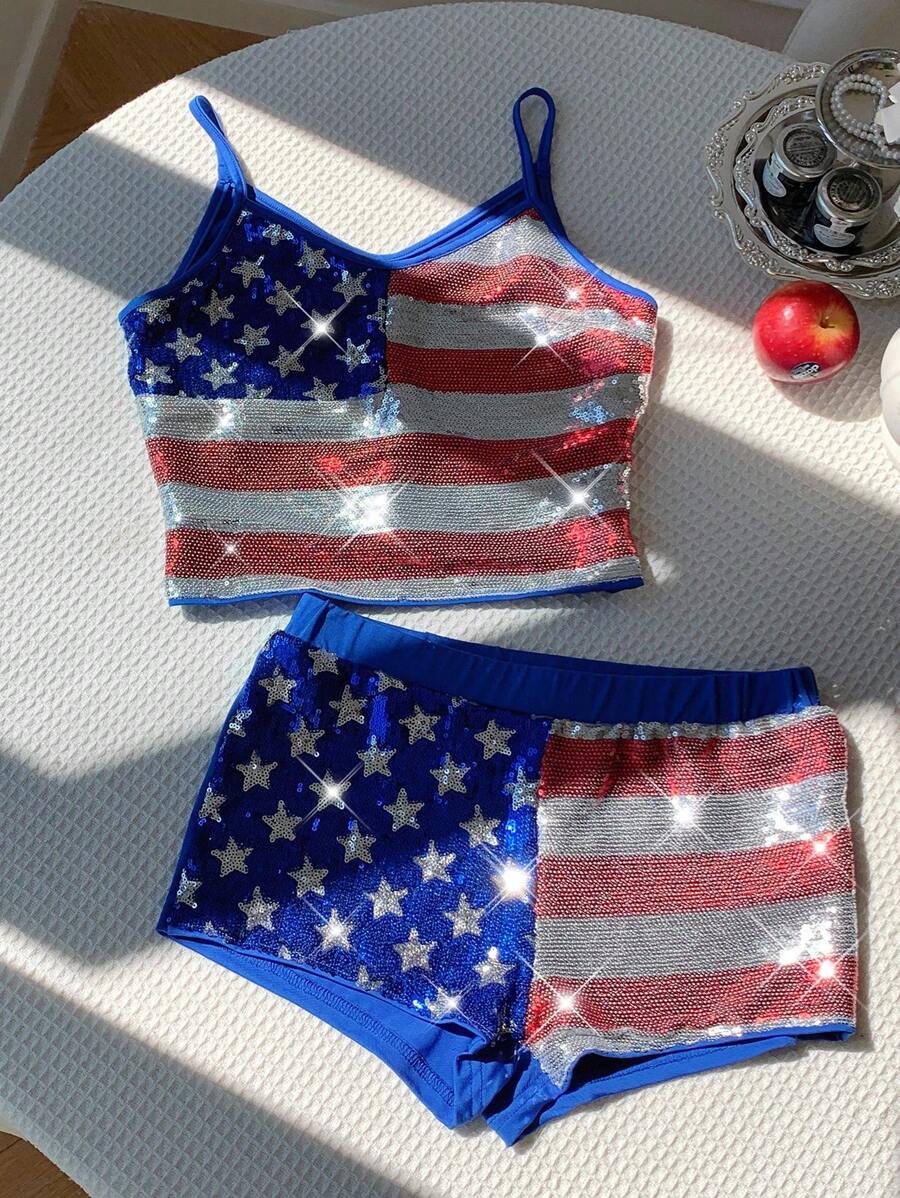 Comfortcana Damski cekinowy top z nadrukiem amerykańskiej flagi i szorty, 2 sztuki, zestaw letni - Wielokolorowe - Zobacz 1