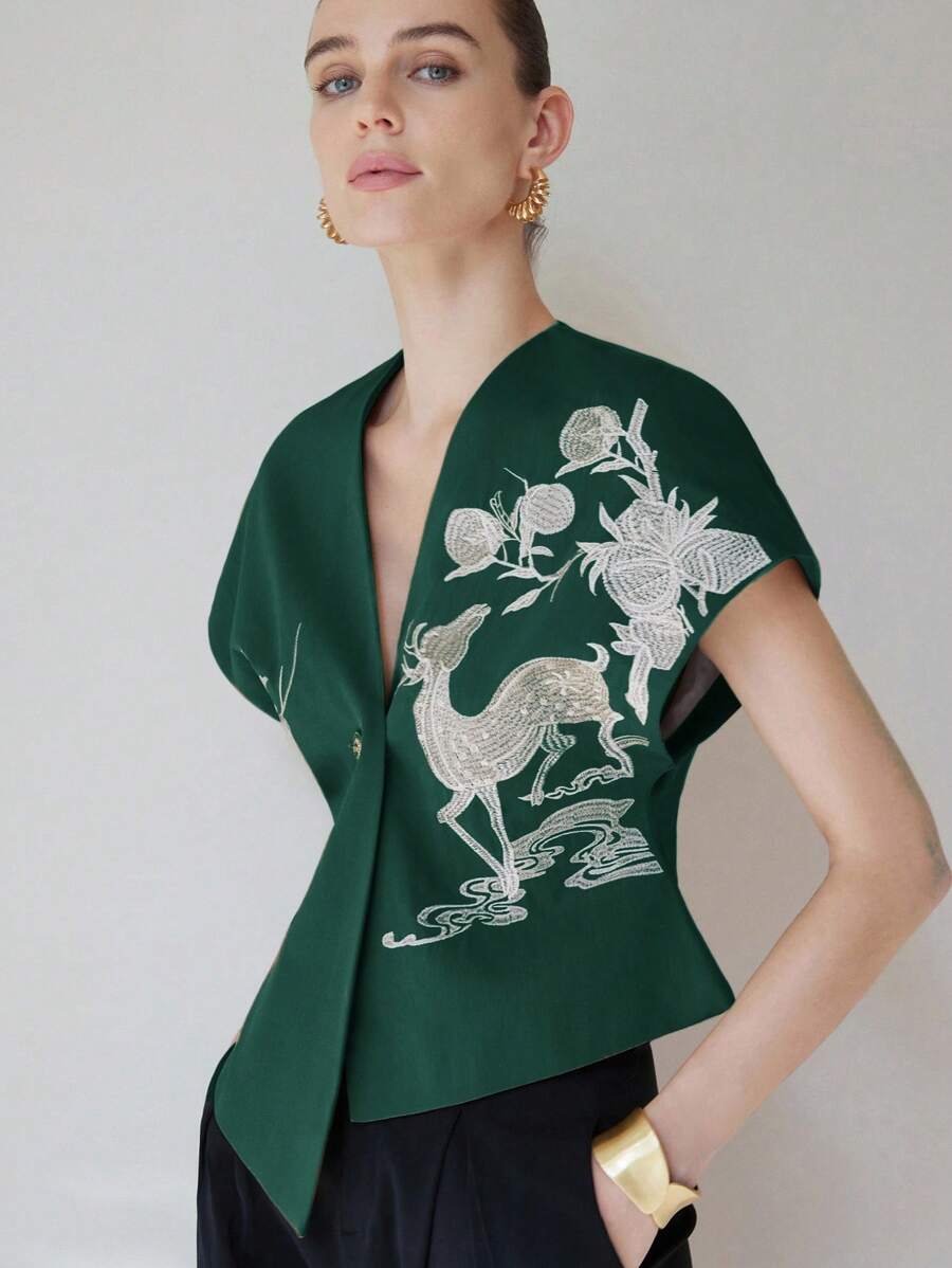 Aveloria Modichic Women's Deer Embroidery Design Vest Shirt With 3D Effect