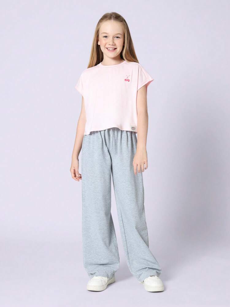 Cherry Print Crop T-Shirt With Wide Leg Striped Pants