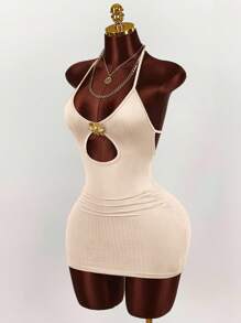 Amplova 2025 New Casual Sexy Low-Cut Front Hollow-Out Textured Mini Dress For Women Dress In Apricot Cut Out Dress,Party Dress - Apricot - View 3