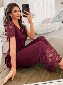 SHEIN V Neck Plain Pant Pajama Set With Contrast Lace Lace Trim Pajama Set 2 Pieces Pajama Set Women Pajama Set Ribbed Pajama Set Night Gown Set - Maroon - View 3