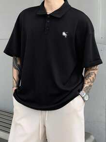 Manfinity Dauomo 男士刺绣黑色纽扣休闲宽松短袖 Polo 衫 - 黑色 - 查看 6