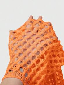 ROMWE Grunge Punk Suéter de mujer corto de punto hueco falso a mano - Naranja - Ver 6