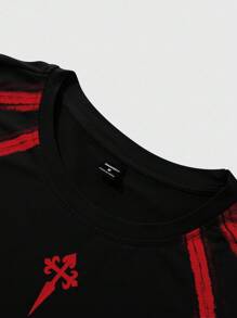 PAVTROS Áo thun nam cổ tròn tay ngắn in họa tiết màu tương phản Manfinity Streetrush Y2k màu đen, tiệc Halloween, thời trang đường phố - màu đen - Xem 4