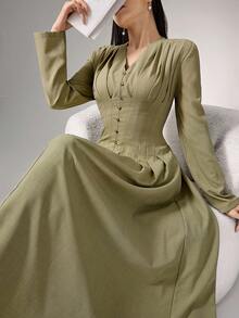 Heiryn Váy đi làm phong cách Hàn Quốc, xếp ly, thắt eo, cài nút, đa năng và thanh lịch - màu xanh lá - Xem 3