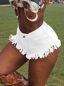 Slaydiva Summer Fashion Fringe Trim Mini Denim Shorts - White - View 5