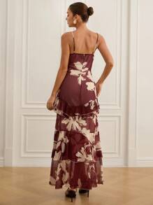 Aveloria Modichic Brush Stroke Random Print Silhouette Flower Contrast Color Chiffon Sleeveless Dress With Ruffle Hem, Elegant & Sexy Women Long Dress - Multicolor - View 2