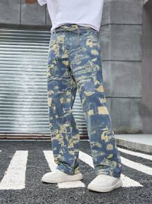 Manfinity EMRG Jeans rectos de pierna ancha con estampado amarillo, de corte casual para hombre, para primavera/verano - Azul - Ver 6