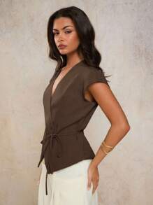 COSMINA Women's Elegant V-Neck Tie-Waist Camisole, Spring/Summer,Elegant Women's Blouses - Brown - View 6