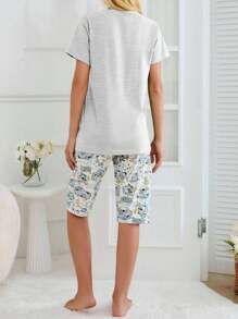 EURMUSE 100% Cotton 2 chiếc áo sơ mi cotton in hình động vật dễ thương và quần Capri in hình động vật mặc ở nhà - Màu Xám nhạt - Xem 2