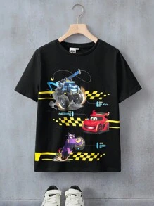 Batwheels X SHEIN 青少年男孩卡通图案黑色圆领短袖T恤 - 黑色 - 查看 1
