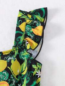 Đầm nơ hở lưng cổ vuông tay bồng họa tiết trái cây nhiệt đới dễ thương cho bé gái, trang phục phù hợp cho mẹ và bé (3 món bán riêng) - màu đen - Xem 4