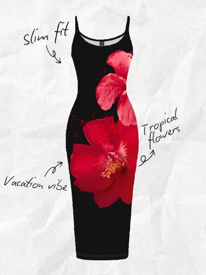 SHEIN EZwear 休闲简约红色热带花卉印花紧身长裙，适合夏季