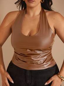 SHEIN BAE Women's Plain Halter Neck Simple Camisole, Casual Daily Wear Fall Clothes PU Elasticity Fall Women Clothes Fall Women Fall Tops Winter Women Clothes/ Brown Leather Top/ Chocolate Brown Leather Top/ Brown Halter Top/ Plus Size Leather Top/Off The Shoulder/Fall Clothes Plus Size/Halloween/Homecoming/Christmas/Going Out /Birthday Dresses For Women/Western Wear Women/Dresses For Women Party/Off The Shoulder/Women's Fall Clothes/Pu Top/Leather Top