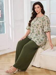 Lacomfia Conjunto de 2 peças plus size primavera/verão, gola redonda, mistura de algodão, estampado, solto, casual e confortável - Verde Azeitona - Ver 3
