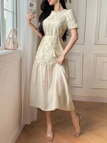 DAZY Vestido de mujer de longitud media con cuello redondo y parches de encaje elegante para el verano - Beis - Ver 6