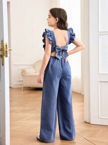 SHEIN Tween Girls Spring Summer Break Solid Washed Sleeveless Backless Openback Jumpsuit With Bowknot And Ruffle Trim,Casual Style And Casual Fit,Girls Summer Beach Boho Vacation Casual Outfits,Rave Concert Festival Outfits