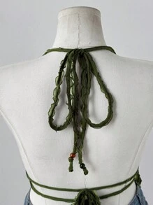 Sunspun Y2K American Punk Textured Spaghetti Strap Tie Strap Camisole For Women - Green - View 3