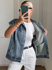 DAZY 女式翻领无袖背心，宽松休闲街头风格牛仔夹克和外套 - 中等水洗藍 - 查看 4