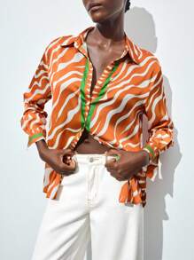 Maija 女士多色动物斑马纹印花橙色时尚度假纽扣衬衫，四季皆宜，轻盈的撞色印花长袖衬衫，休闲上衣，适合秋季、圣诞节、圣帕特里克节、复活节、夏季、海滩度假等各种场合。 - 彩色 - 查看 5