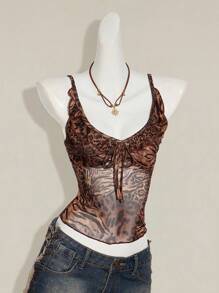 SHEIN ICON 女士豹纹蕾丝边 V 领吊带背心，性感 Y2K 风格 - 彩色 - 查看 4