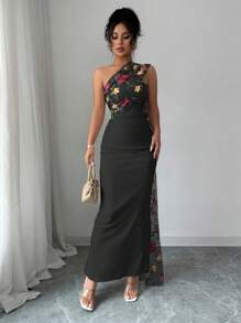 Elenzga 女士优雅花卉刺绣网眼拼布连衣裙 - 黑色 - 查看 3