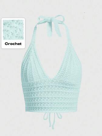 Solid Color Criss-Cross Backless Halter Neck Knit Top