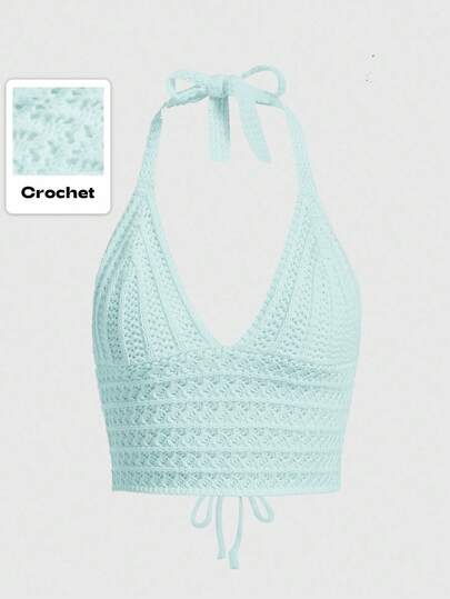 Solid Color Criss-Cross Backless Halter Neck Knit Top