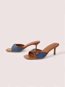 CUCCOO DOLLMOD Giày sandal đế vuông họa tiết hoa khối màu xanh và nâu dành cho nữ, thời trang và thoải mái - Màu xanh lam - Xem 9
