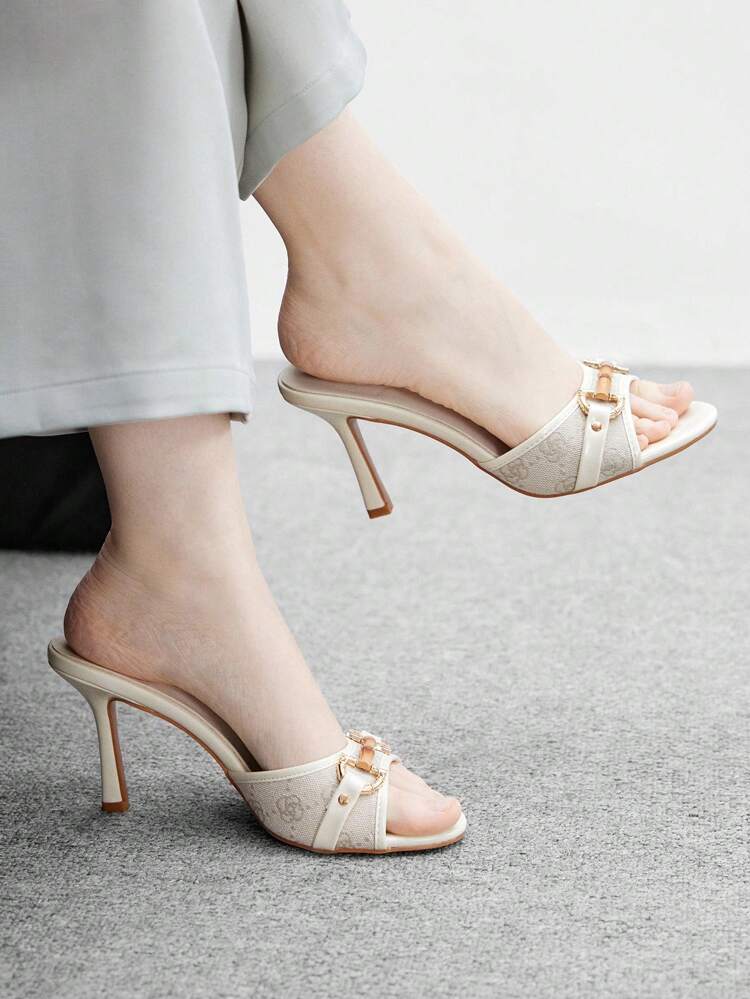 CUCCOO BIZCHIC Beige PU Leather Gold Metal Buckle Fashionable Comfortable Summer Elegant Round Toe Mule High Heel Sandals For Women For Christmas Spring Shoes Summer Shoes