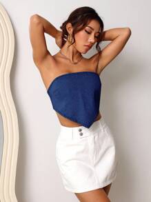 SHEIN Frenchy Women's Blue Backless Tube Denim Top, Front Short Back Long Denim Strap Tube Top Summer Vacation - Dark Wash - View 5