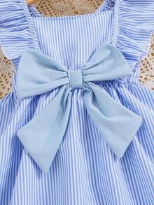 SHEIN Vintaside Kids Baby/Toddler Girl Striped Print Bowknot Front Ruffle Hem Short Sleeve Pink Dress, Casual Versatile Fashion Infant OOTD Dress, Spring/Summer - Blue and White - View 6