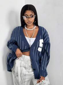 Maweii 大码休闲条纹刺绣开衫 - 藍色 - 查看 5