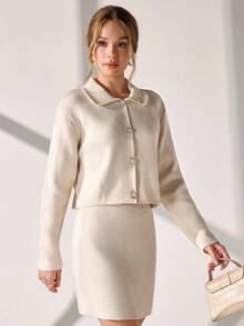 CLARA VERO Women Sweater 2 Pieces Cardigan And Skirt Detail For Winter Button Detail,Petite Co Ord Set,Petite Co Ord,Co Ord,Loungewear Set,Knitted Co Ord Set,Petite - Cream - View 6