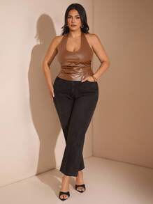 SHEIN BAE Women's Plain Halter Neck Simple Camisole, Casual Daily Wear Fall Clothes PU Elasticity Fall Women Clothes Fall Women Fall Tops Winter Women Clothes/ Brown Leather Top/ Chocolate Brown Leather Top/ Brown Halter Top/ Plus Size Leather Top/Off The Shoulder/Fall Clothes Plus Size/Halloween/Homecoming/Christmas/Going Out /Birthday Dresses For Women/Western Wear Women/Dresses For Women Party/Off The Shoulder/Women's Fall Clothes/Pu Top/Leather Top