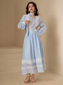 DAZY Conjunto de 2 piezas de blusa holgada de manga farol con cuello en V elegante y falda con parches de encaje, con bufanda, para primavera - Azul - Ver 1